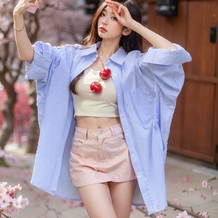韩版春小众大码宽松条纹衬衫时尚宽松原宿风个性灯笼袖衬衣外套女