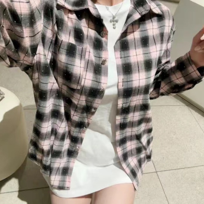 韩版秋季烫钻格子衬衫小众百搭休闲宽松复古外套女长袖原宿风衬衣