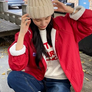 韩版秋冬颗粒绒两面穿夹克chic原宿风宽松开衫复古大码撞色外套女