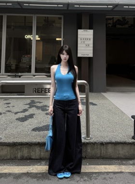 AWMUMU深蓝色丹宁直筒牛仔裤女夏季新款复古宽松阔腿裤弯刀长裤女