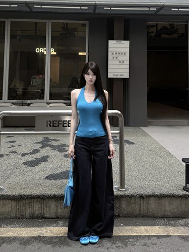 深蓝色丹宁直筒牛仔裤女阔腿裤