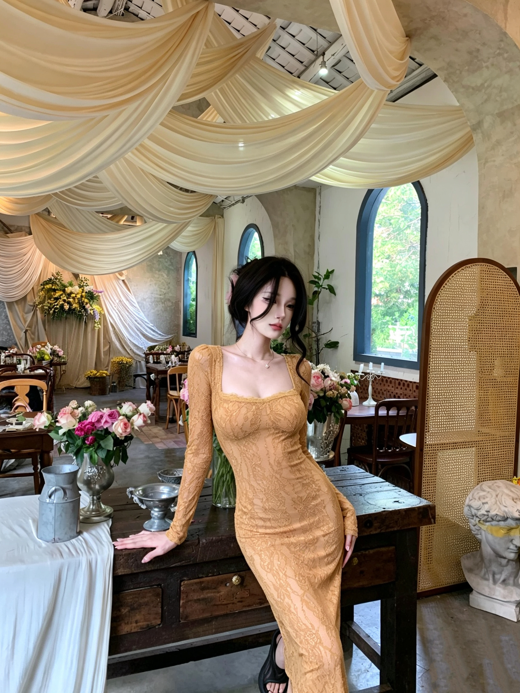 法式名媛风蕾丝拼接方领连衣裙女图片