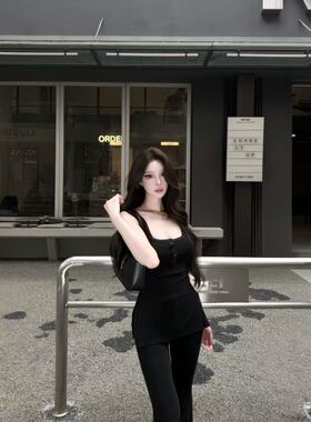 AWMUMU慕斯羊绒黑色方领吊带背心上衣套装直筒微喇休闲裤女两件套