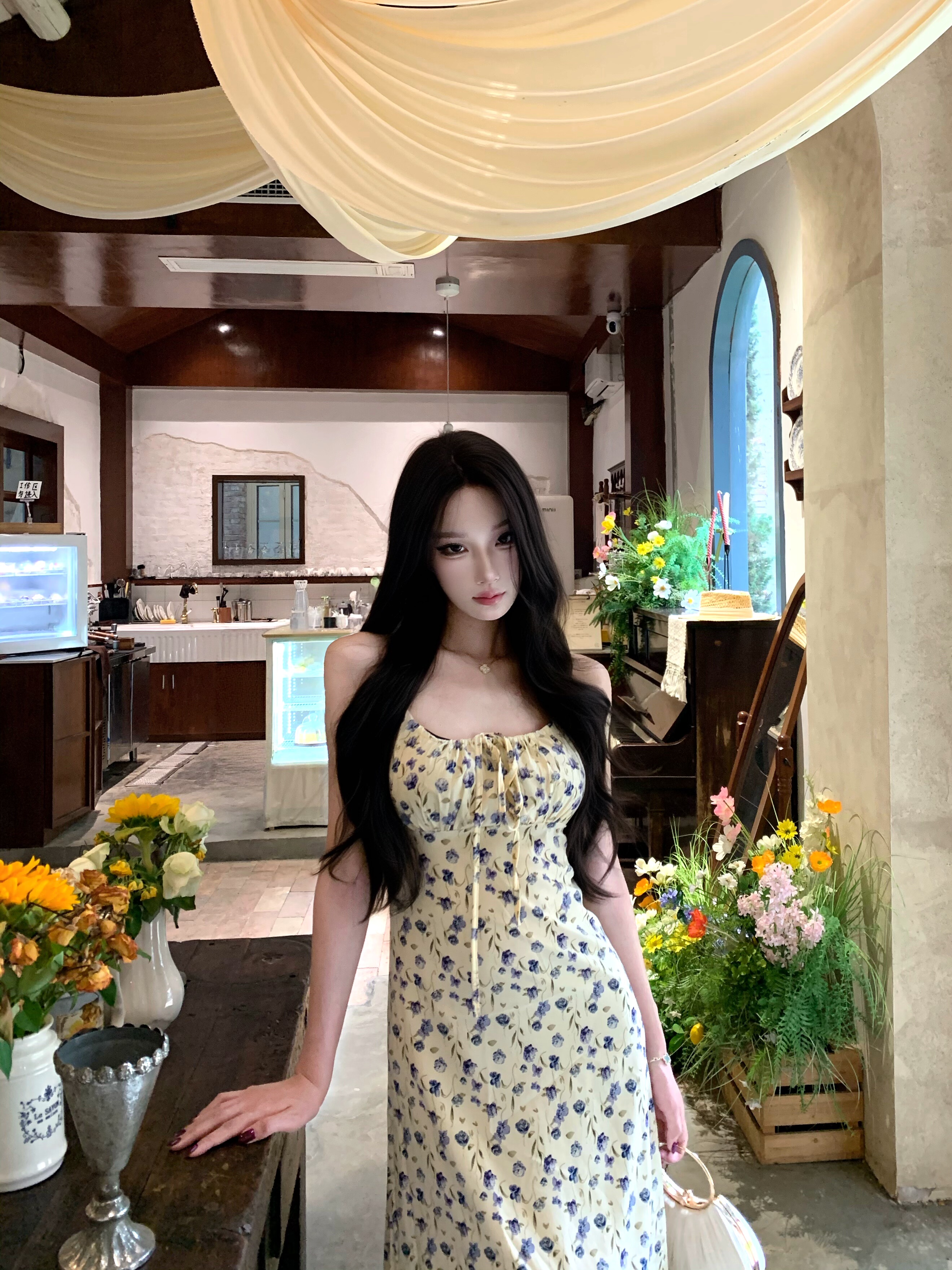 法式甜美碎花吊带连衣裙女图片