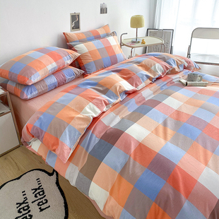 全棉色织水洗棉床上用品四件套纯棉被套床单床笠宽学生宿舍三件套