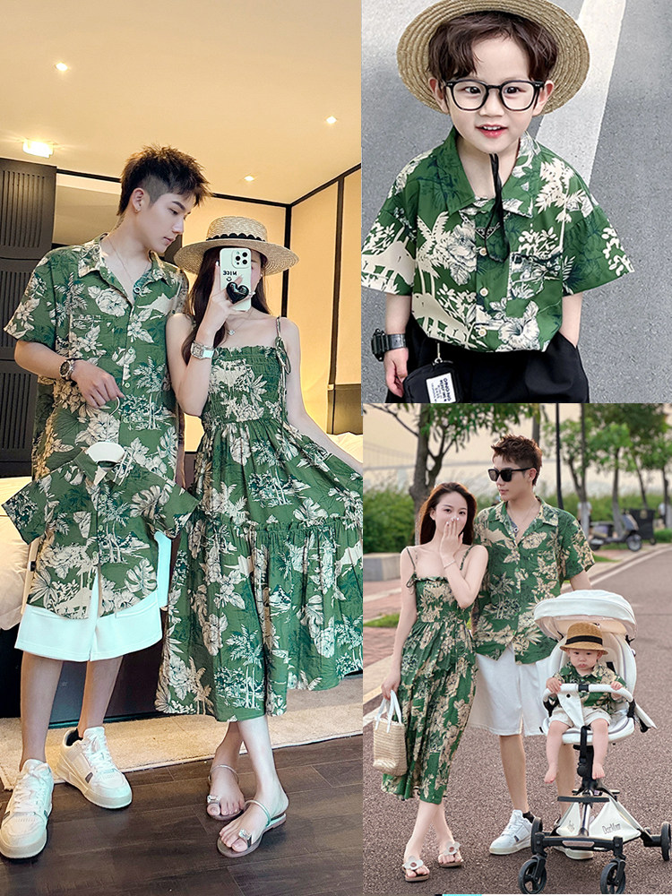 삼아 해변 해변 부모-자식 의류 여름 3 4인 가족 휴가 프린트 셔츠 어머니-딸 드레스 여행