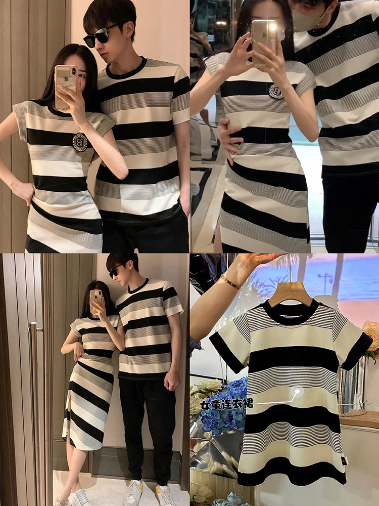 3인 가족을 위한 색다른 여름 한국판 부모자식 의류 모자 모자 스트라이프 원피스 거리를 강타한 아동상의