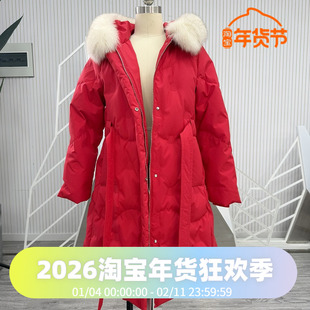 波司登红色狐狸毛领奢华收腰气质长款喜庆过年羽绒服
