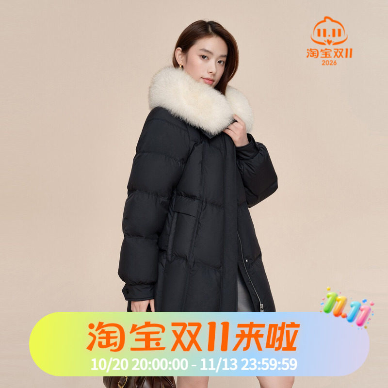 波司登2024冬款女一手长都市女人味狐狸毛领大翻领廓形时尚羽绒服