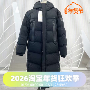 波司登时尚经典运动休闲男女同款长款过膝加厚连帽黑色羽绒服