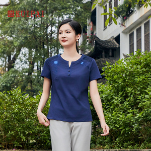 葵牌2024夏季新品中老年妈妈装40岁50岁小V领绣花针织T恤衫女上衣