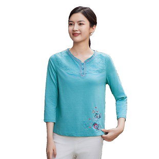 葵牌绣花t恤2025春新款中年妈妈装宽松打底衫七分袖针织衫上衣女