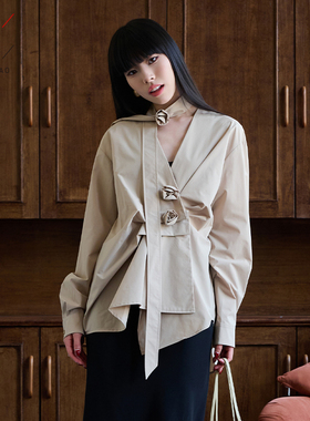 佐料原创设计时尚简约立体花朵两粒暗扣长袖衬衫系带女装ZDD1H143