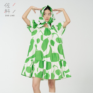 佐料原创设计时尚简约圆领宽松绿花短袖中长连衣裙子女装ZDB2L211