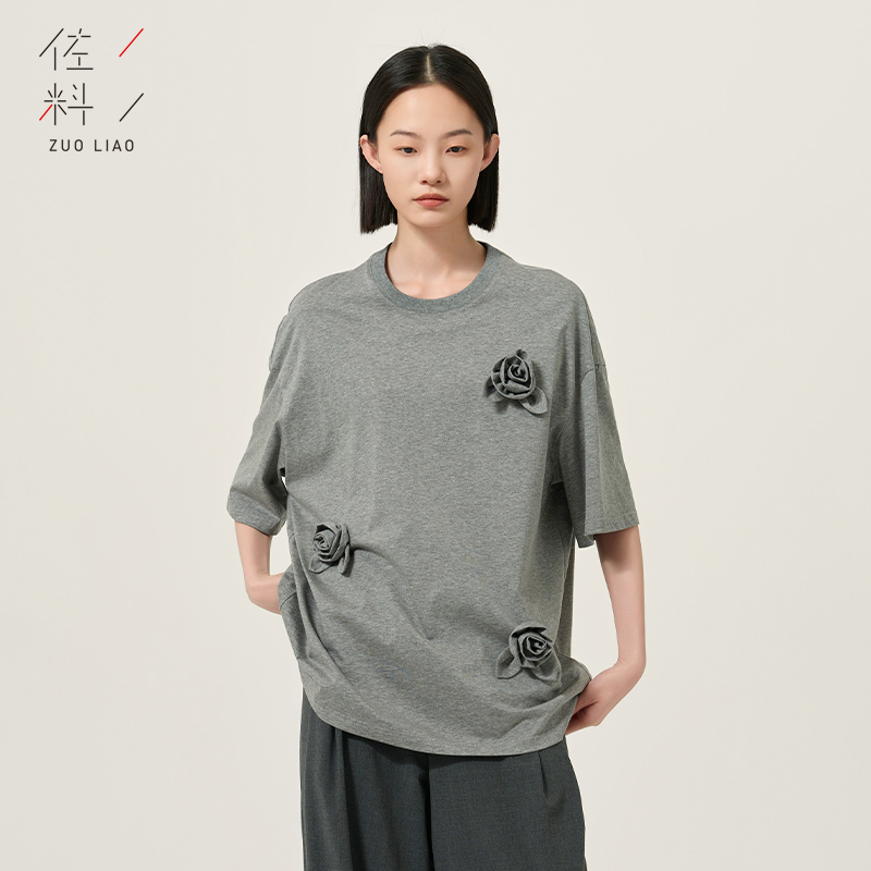 短袖T恤花朵立体装饰棉
