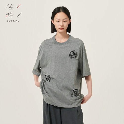 短袖T恤花朵立体装饰棉