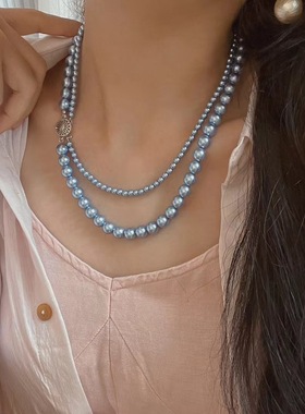 新中式复古蓝色妖姬大小混搭双层施家蓝色珍珠项链锁骨链颈链
