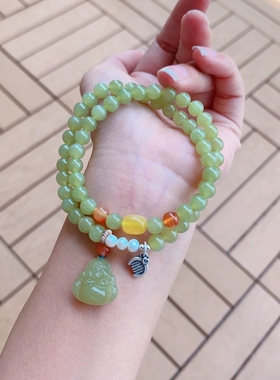 黄口和田玉佛公6mm圆珠手链项链毛衣链多用款玉质温润细糯