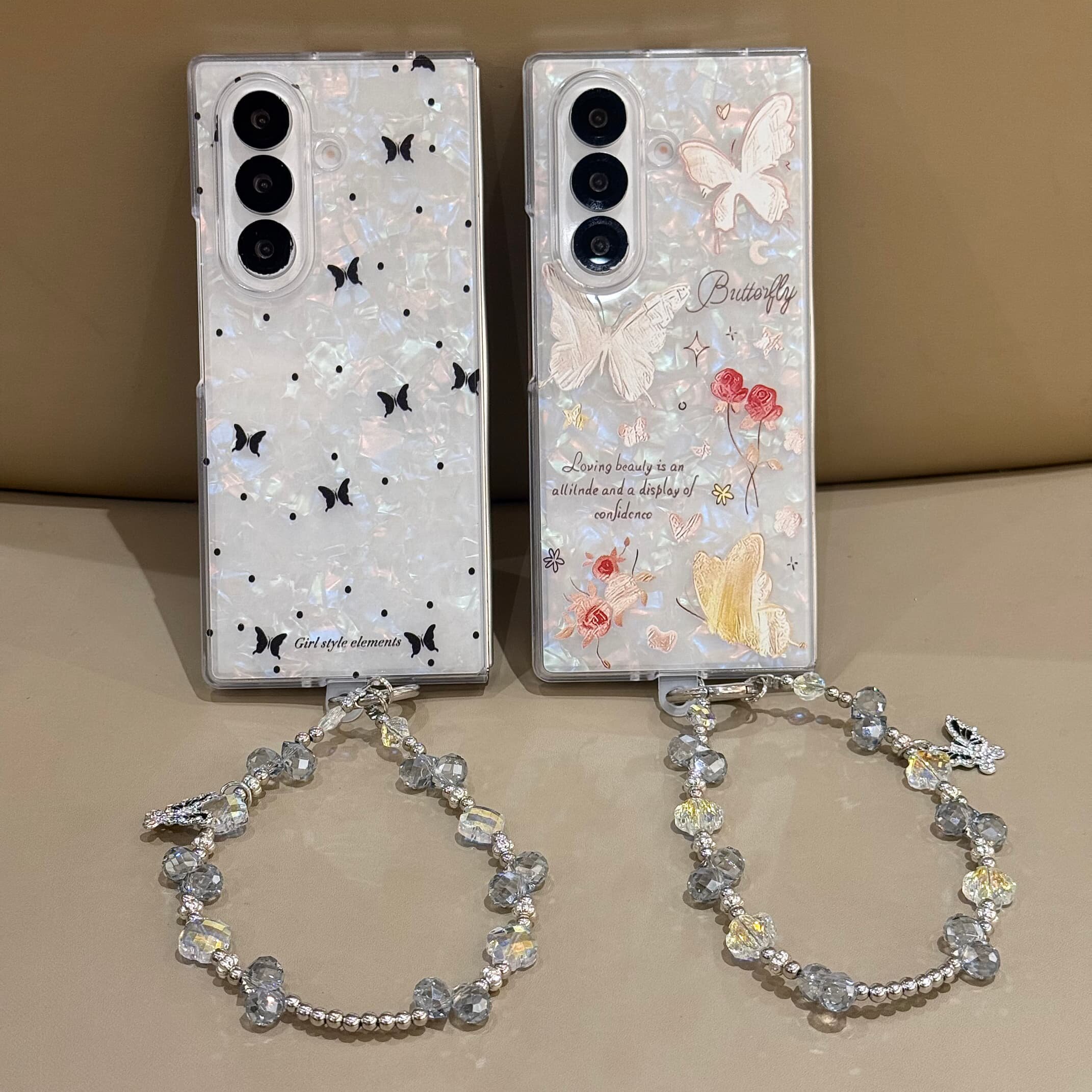 韩风蝴蝶全包适用于三星Galaxy Z Fold7/6/5/4/3手机壳透明贝壳纹蝴蝶花卉带手链挂绳保护套花卉图案甜美女士