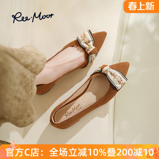 REEMOOR睿慕尖头蝴蝶结豆豆鞋26春夏新款织带软底跟鞋一脚蹬女鞋