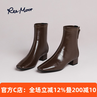 REEMOOR睿慕法式方头粗跟短靴女2025冬季新款皮质瘦瘦靴舒适踝靴