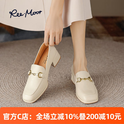 reemoor睿慕2025新款复古高跟乐福鞋女英伦风粗跟一脚蹬小皮鞋