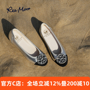 REEMOOR睿慕法式圆头浅口单鞋2026春夏新款水钻方扣平底鞋婚鞋