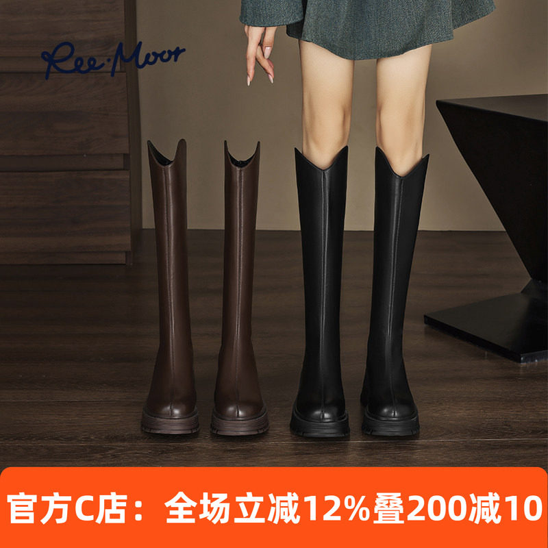 reemoor睿慕厚底不过膝长靴2025年秋冬新款复古v口显瘦弹力骑士靴,女鞋,骑士靴,淘宝优惠券,粉丝福利购,淘宝优惠卷