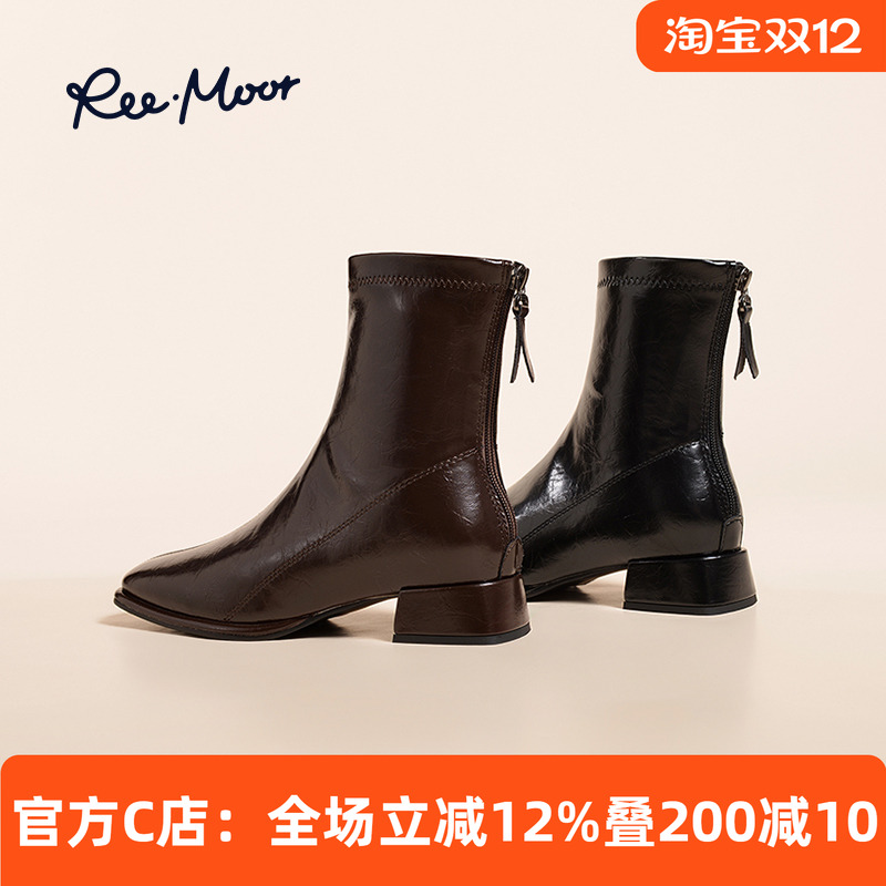 reemoor法式短靴粗跟尖头时装靴