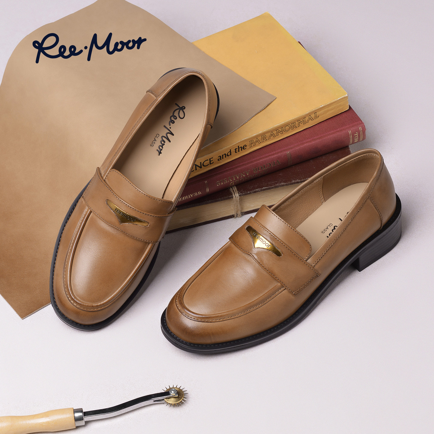 REEMOOR英伦风真皮乐福鞋女2026新款老钱风金属装饰小皮鞋豆豆鞋