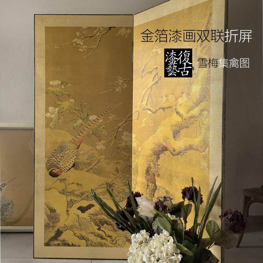 吕纪雪梅集禽图花鸟屏风金箔手工漆画古典屏风折叠玄关屏风PF070