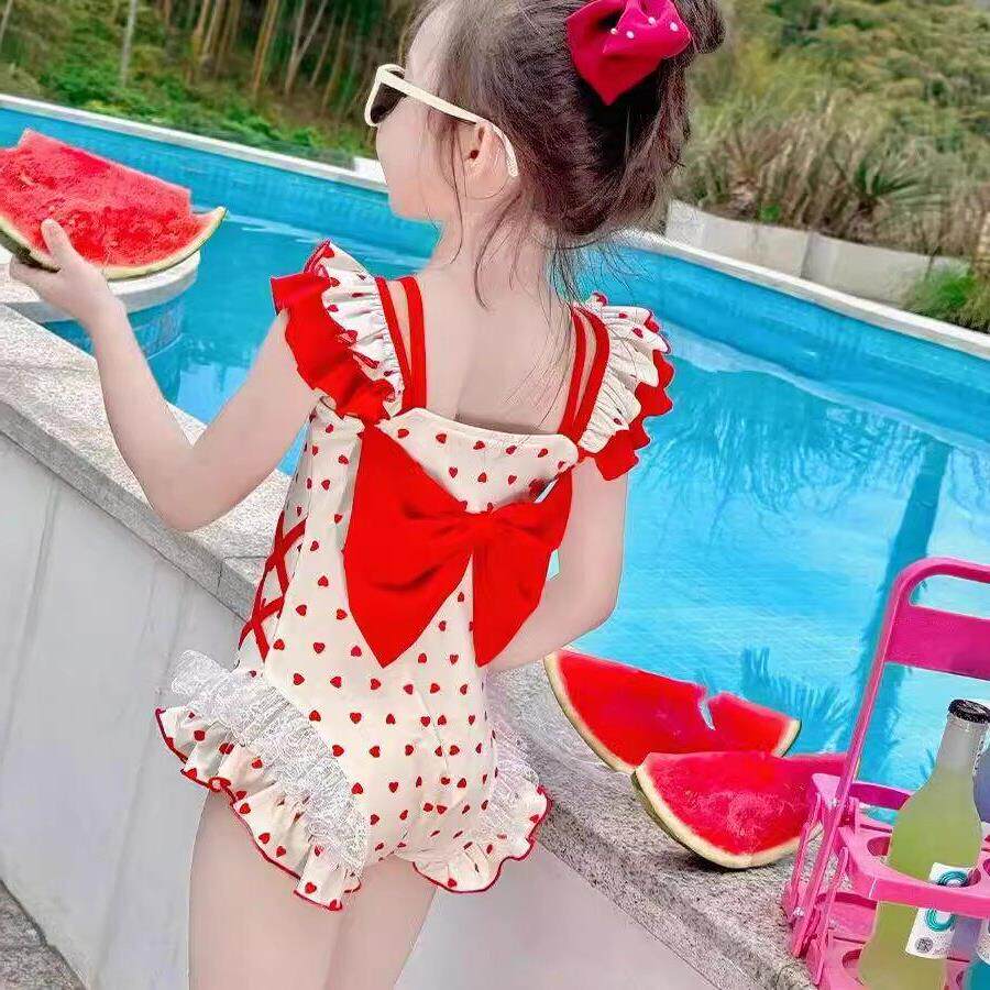 女童连体泳衣儿童夏装2025款洋气游装蝴蝶结甜美爱心时髦速干泳衣