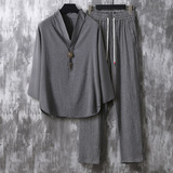 风夏季男士冰丝长袖t恤裤子套装宽松薄款套装CK063P110，男装民族服装，星座409-1