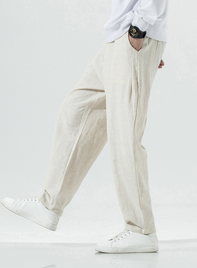 新款中国风棉麻灰色阔腿松紧腰长裤男拉链门襟亚麻休闲裤K010P65