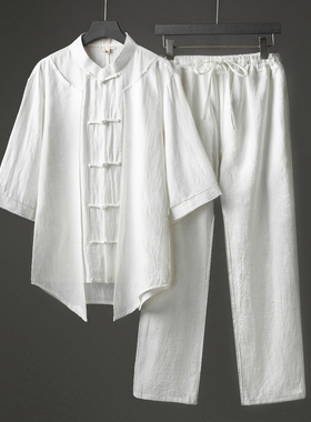 中国风立领半袖衬衫布扣唐装男居士茶服套装纯棉禅服M913K021P135