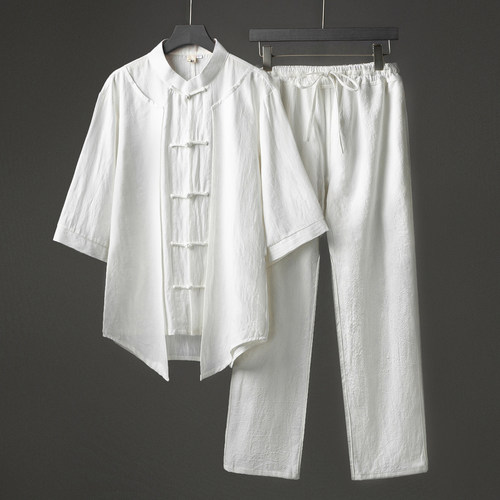 中国风立领半袖衬衫布扣唐装男居士茶服套装纯棉禅服M912K021P135