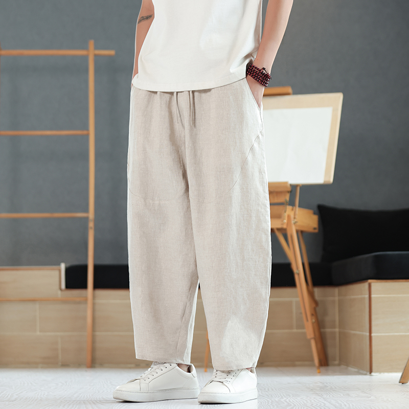 纯亚麻裤风哈伦裤夏季复古长裤大码休闲裤九分裤K035P105，男装休闲裤，星座409-1