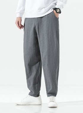 棉麻灰色阔腿裤子中国风松紧腰长裤男拉链门襟亚麻休闲裤K010P65