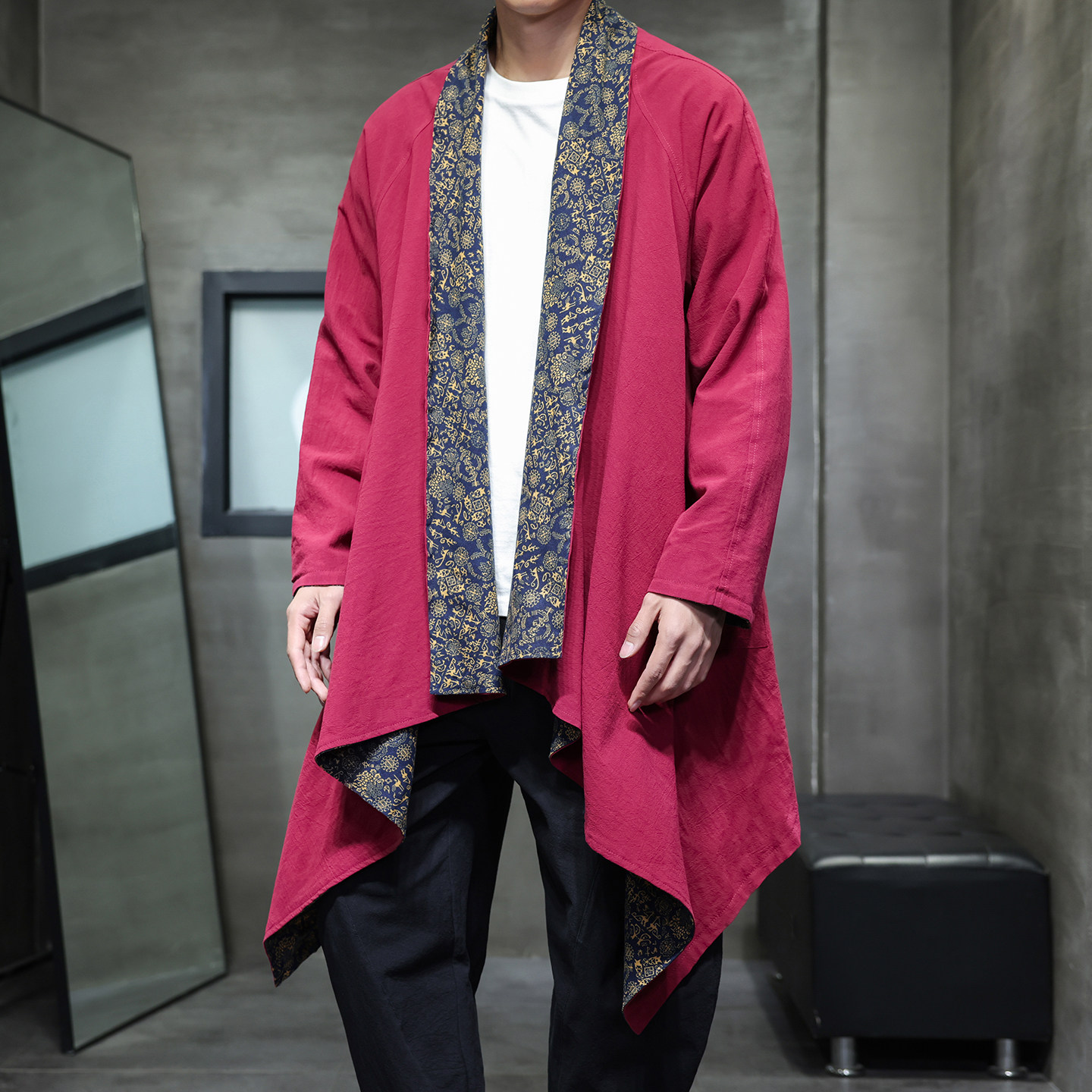 2026年民族风道袍棉麻古风休闲复古国风青年双面披风外套C017P85,男装,汉服,淘宝优惠券,粉丝福利购,淘宝优惠卷