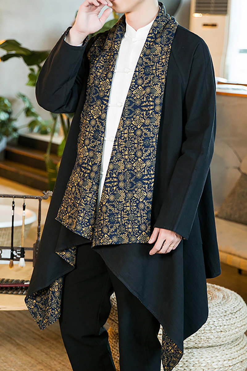 风棉麻唐装复古黑色民族居士服道袍男士休闲双面披风C017P85,男装民族服装,星座409-1