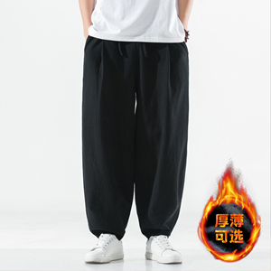 冬季保暖大码宽松休闲裤复古棉麻男加绒长裤风阔腿裤K001P85,中年女士夏季黑色阔腿裤搭配图图片
