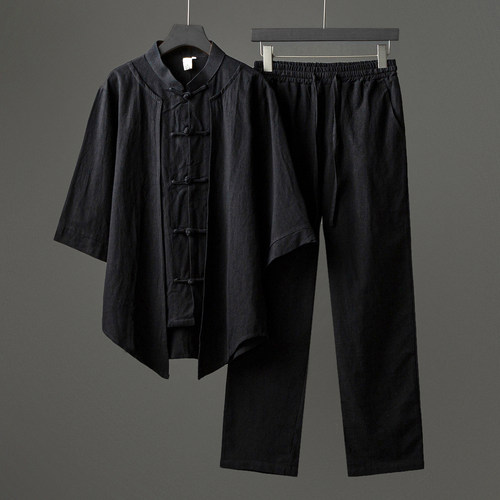中国风立领半袖衬衫布扣唐装男居士茶服套装纯棉禅服M912K021P135