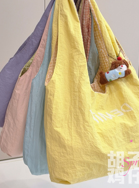 胡子鸡仔韩系小众字母印花单肩包 ins风休闲百搭双面背黄色帆布包