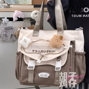 韩版高中学生上课包大容量手提单肩包日系校园复古棕色斜挎包女