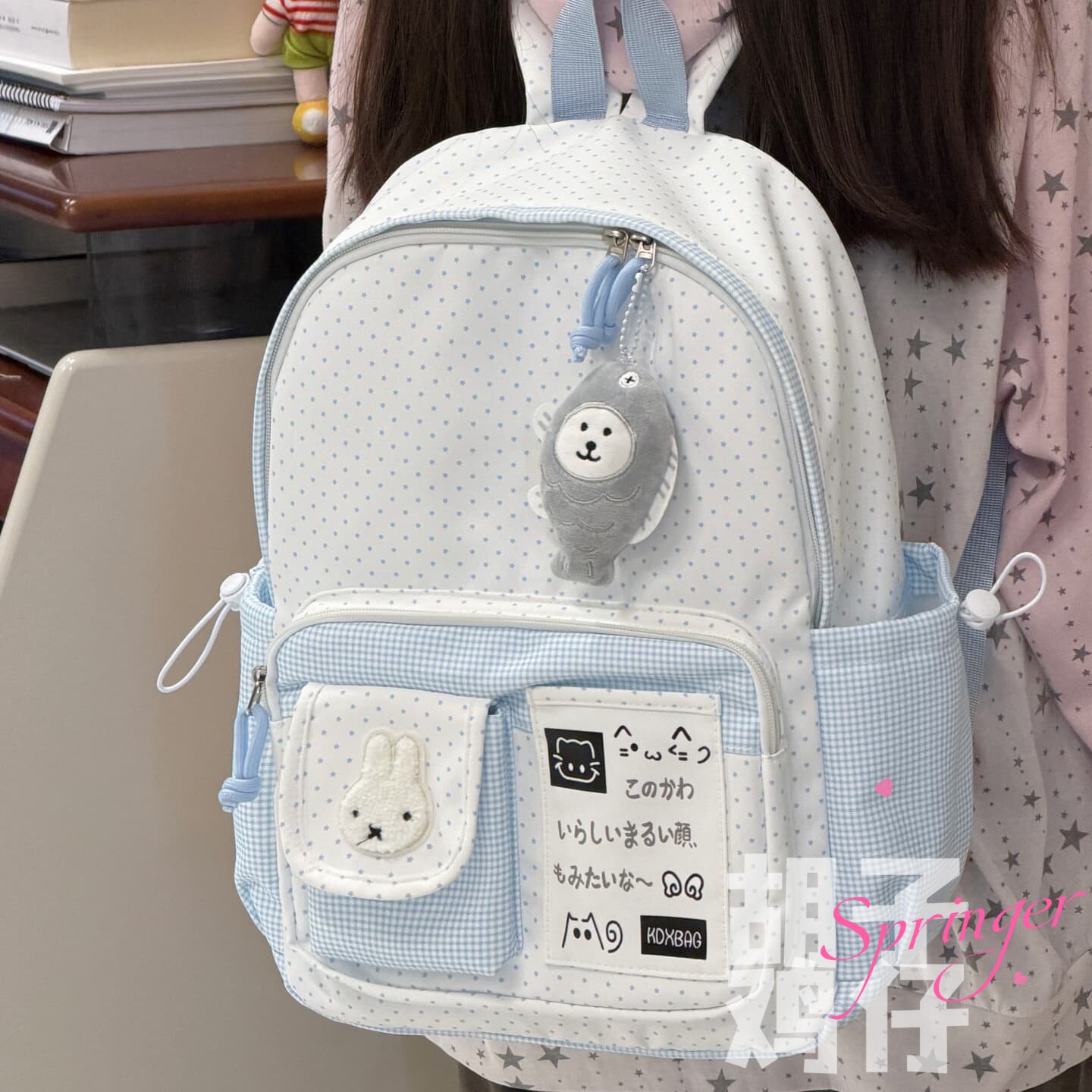 胡子鸡仔波点甜美学院风双肩包高中初中生学生可爱少女大容量书包