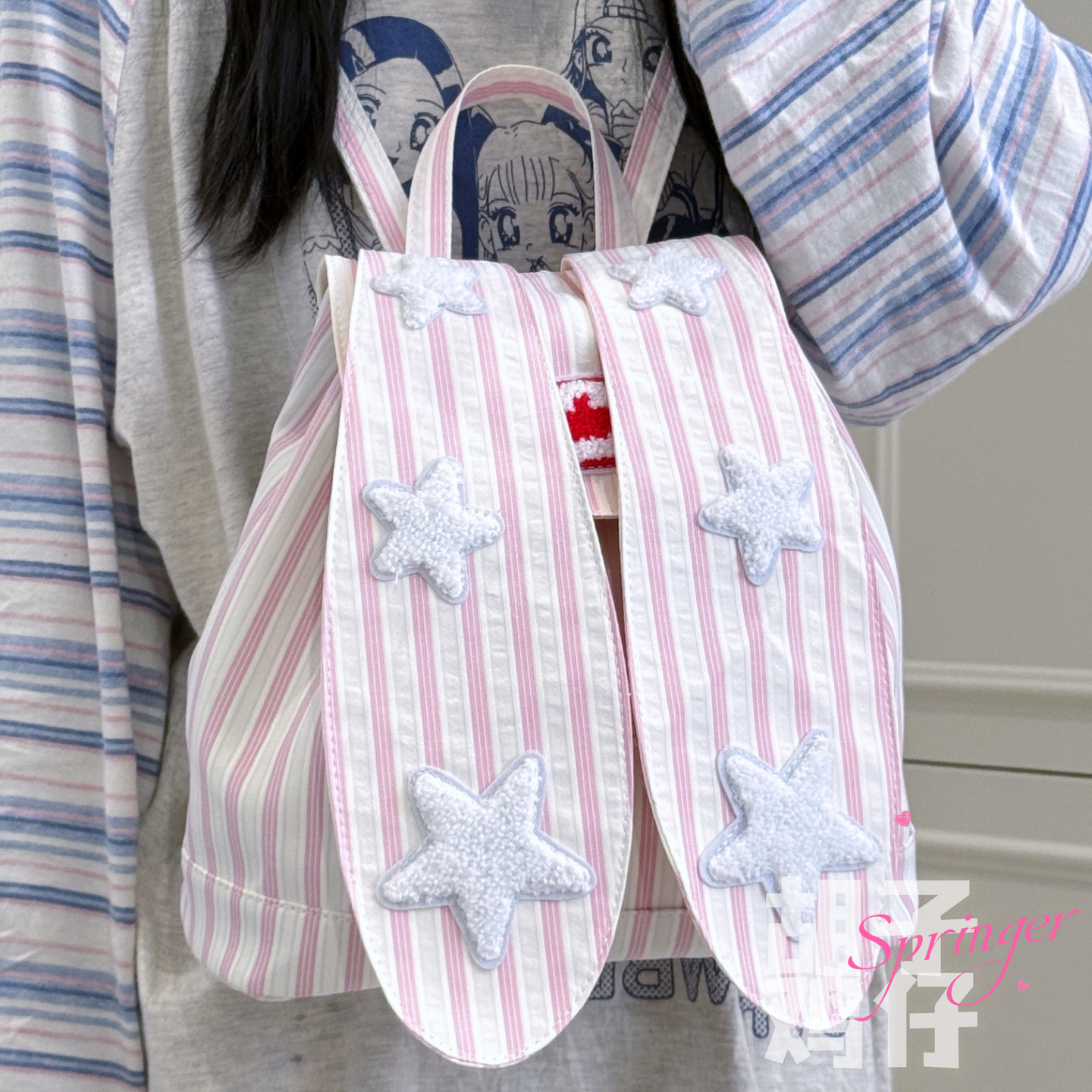 胡子鸡仔少女学生小书包兔耳朵mini背包女可爱星星条纹迷你双肩包