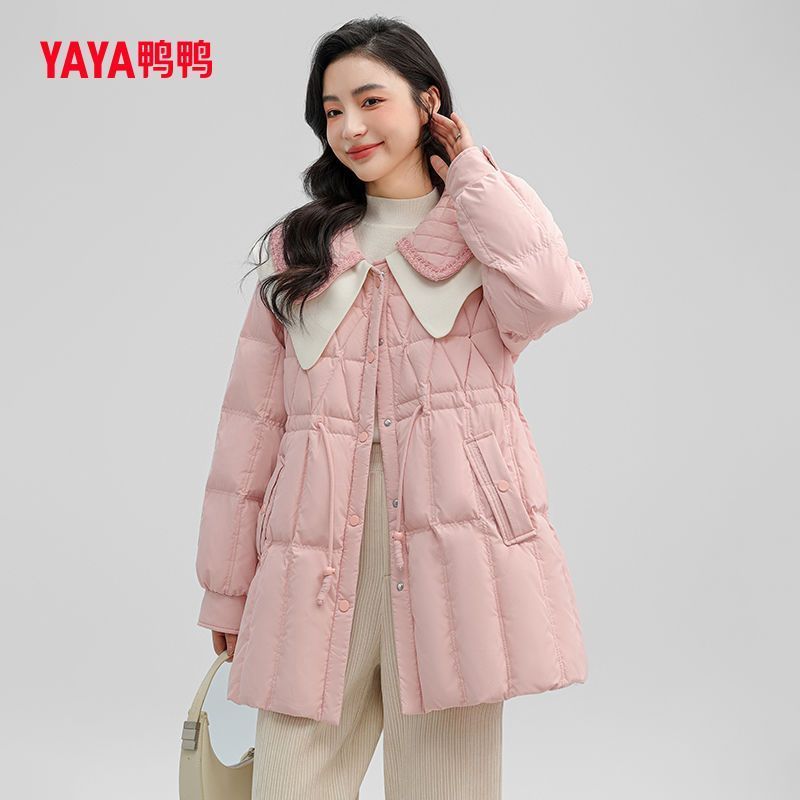 鸭鸭羽绒服女2024秋冬新品中长款甜美双层拼色翻领A型收腰外套
