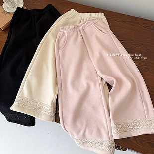 新中式女童花边加绒直筒裤冬季儿童花纹加厚长裤宝宝保暖垂感裤子