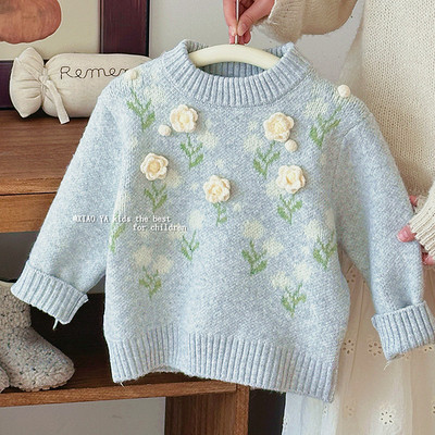 韩版女童双色花纱毛衣冬季针织衫