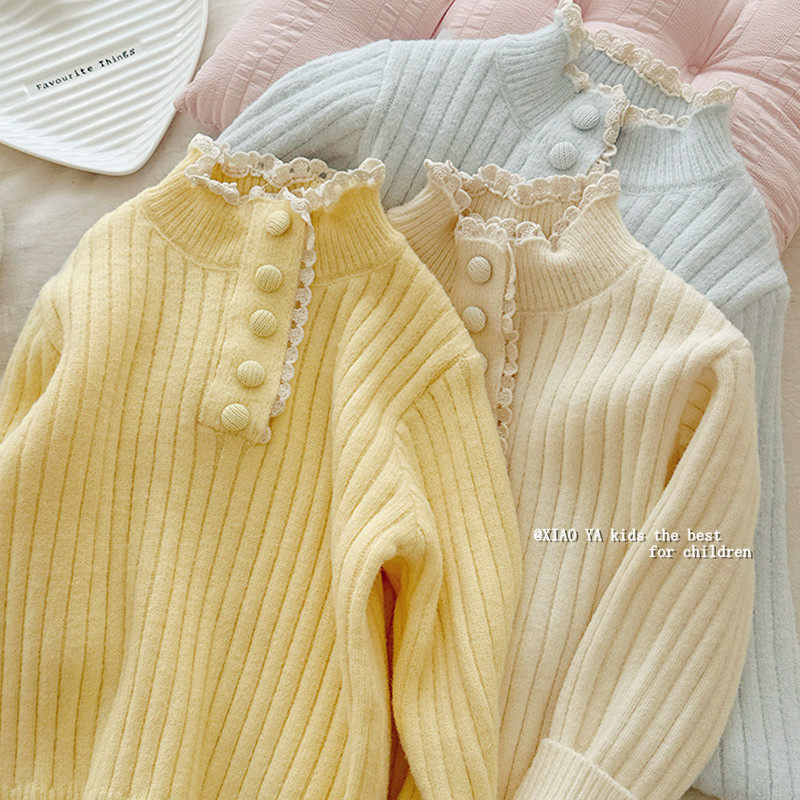 韩版女童蕾丝花边毛衣冬季儿童纯色针织衫宝宝百搭保暖打底衫上衣